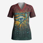 Egyptian Wadjet Winged Cobra Scrub Top with Eye of Horus in Fiery Royal Protector Theme