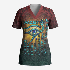 Egyptian Wadjet Winged Cobra Scrub Top with Eye of Horus in Fiery Royal Protector Theme