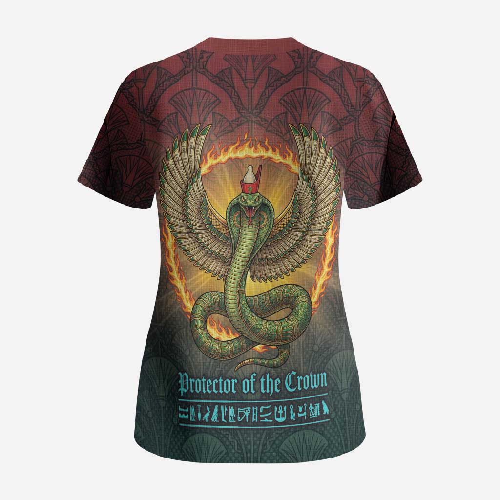 Egyptian Wadjet Winged Cobra Scrub Top with Eye of Horus in Fiery Royal Protector Theme