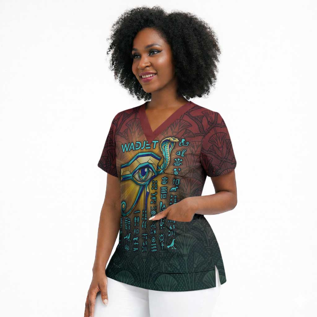Egyptian Wadjet Winged Cobra Scrub Top with Eye of Horus in Fiery Royal Protector Theme