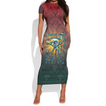 Egyptian Wadjet Winged Cobra Short Sleeve Bodycon Dress with Eye of Horus in Fiery Royal Protector Theme