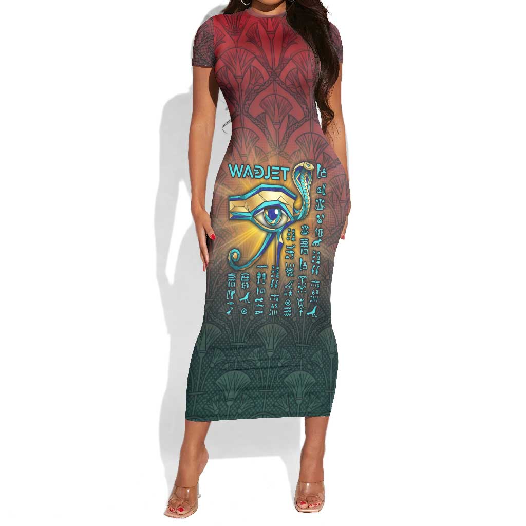 Egyptian Wadjet Winged Cobra Short Sleeve Bodycon Dress with Eye of Horus in Fiery Royal Protector Theme