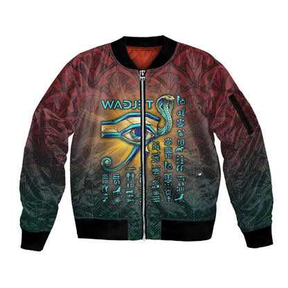 Egyptian Wadjet Winged Cobra Sleeve Zip Bomber Jacket with Eye of Horus in Fiery Royal Protector Theme
