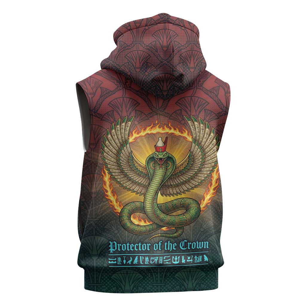 Egyptian Wadjet Winged Cobra Sleeveless Hoodie with Eye of Horus in Fiery Royal Protector Theme