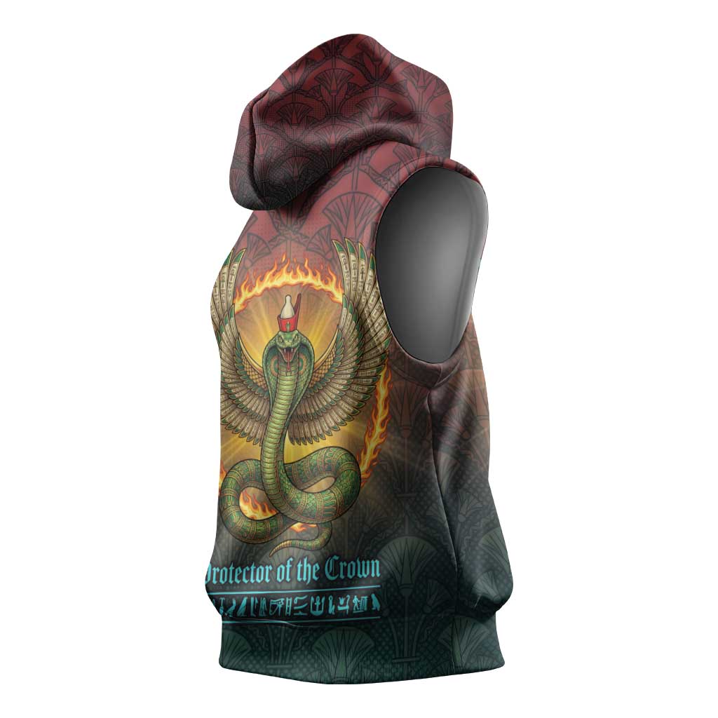 Egyptian Wadjet Winged Cobra Sleeveless Hoodie with Eye of Horus in Fiery Royal Protector Theme
