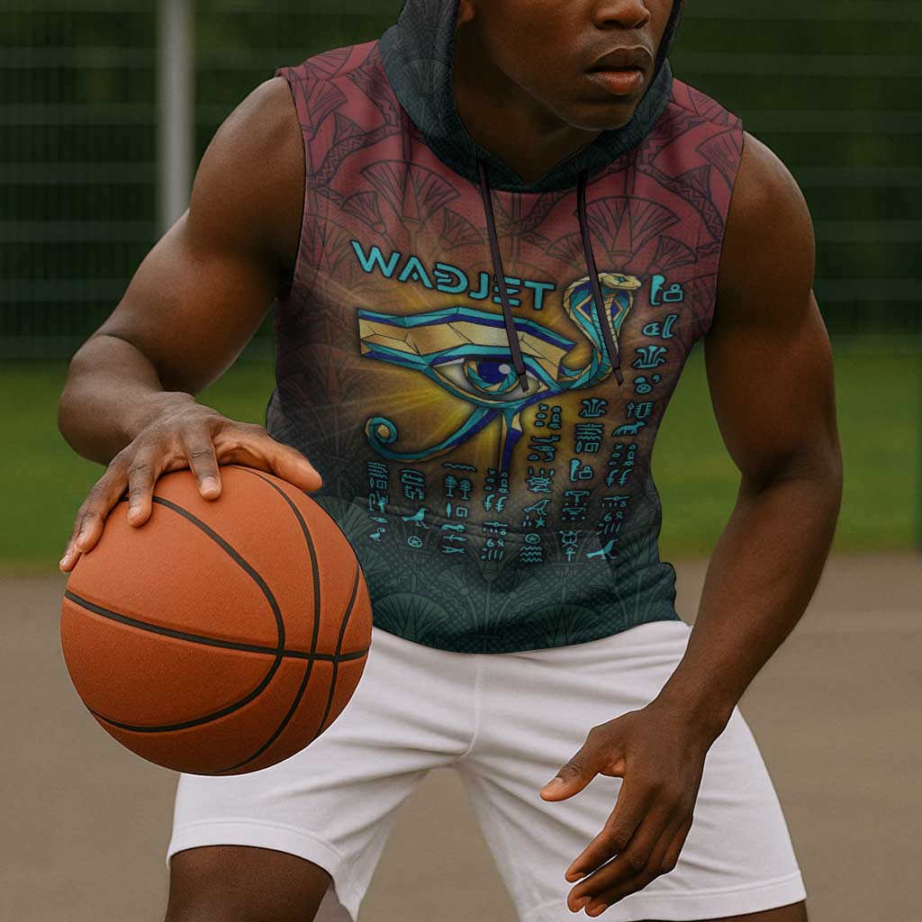 Egyptian Wadjet Winged Cobra Sleeveless Hoodie with Eye of Horus in Fiery Royal Protector Theme