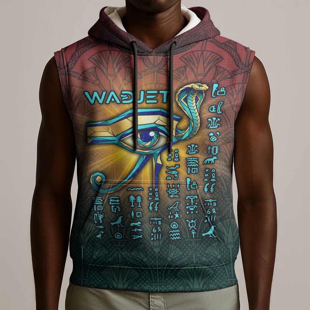 Egyptian Wadjet Winged Cobra Sleeveless Hoodie with Eye of Horus in Fiery Royal Protector Theme