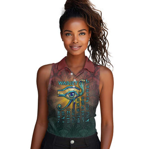 Egyptian Wadjet Winged Cobra Women Sleeveless Polo Shirt with Eye of Horus in Fiery Royal Protector Theme