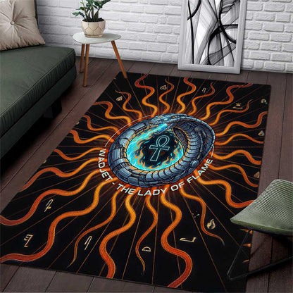 Wadjet Fiery Serpent Area Rug Egyptian Ankh Symbol in Dark Flame Protector Theme