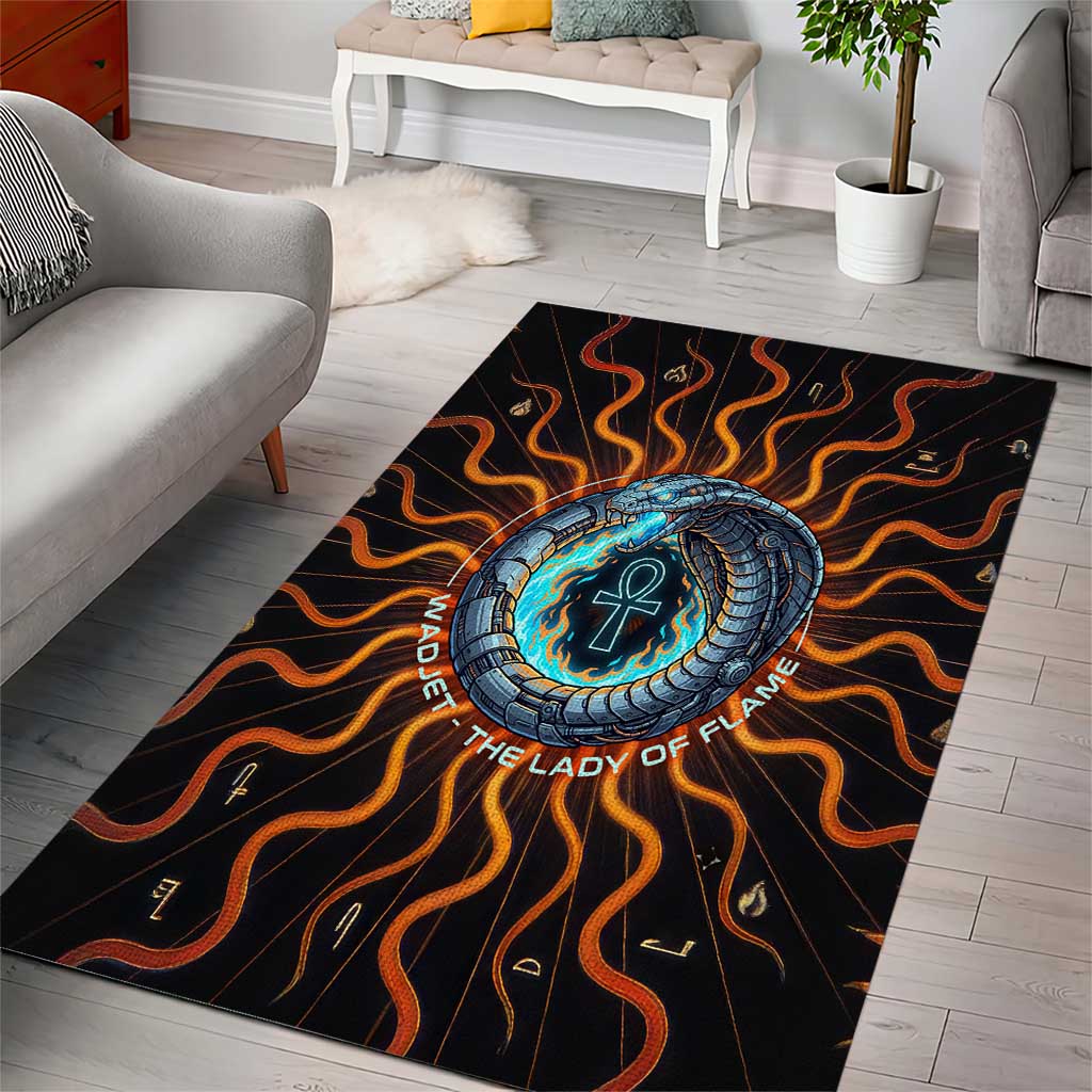 Wadjet Fiery Serpent Area Rug Egyptian Ankh Symbol in Dark Flame Protector Theme