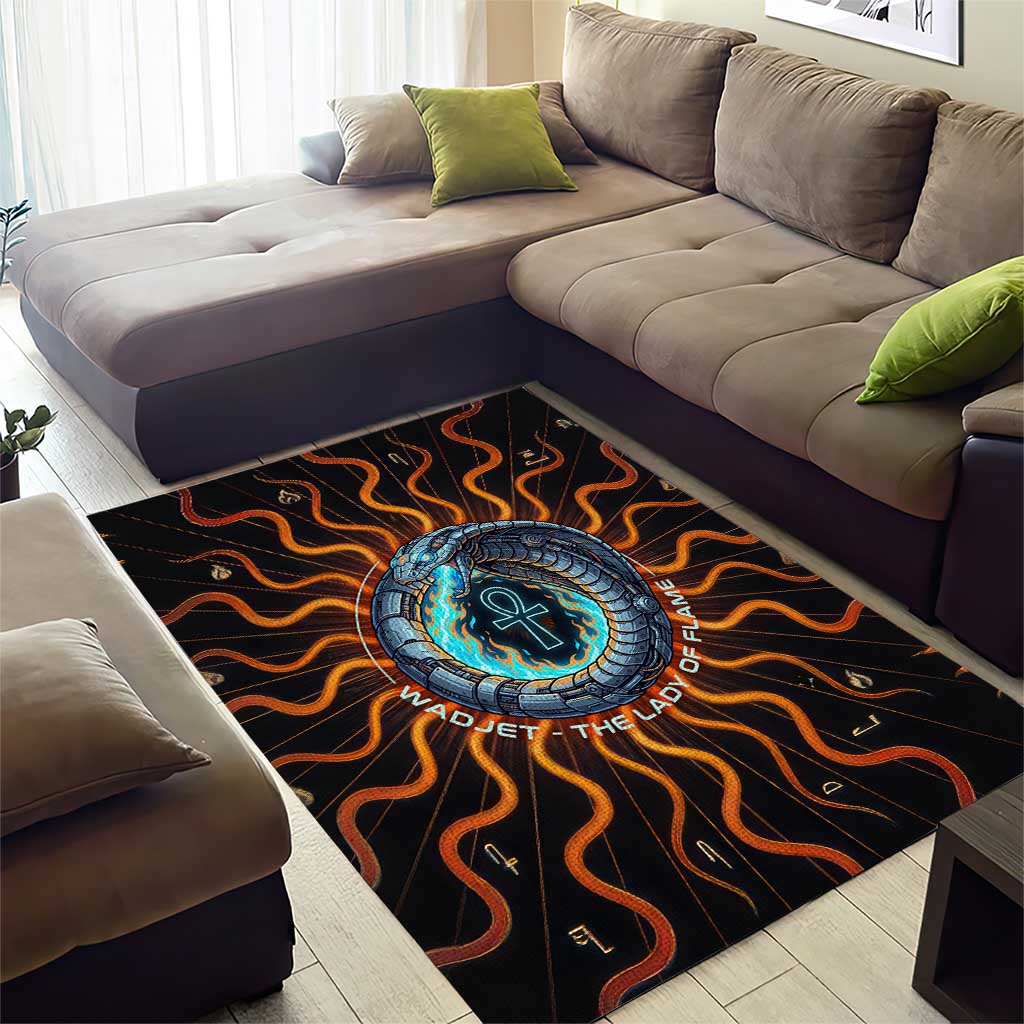 Wadjet Fiery Serpent Area Rug Egyptian Ankh Symbol in Dark Flame Protector Theme