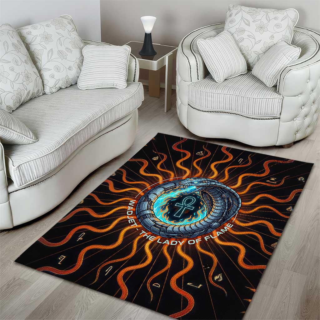 Wadjet Fiery Serpent Area Rug Egyptian Ankh Symbol in Dark Flame Protector Theme