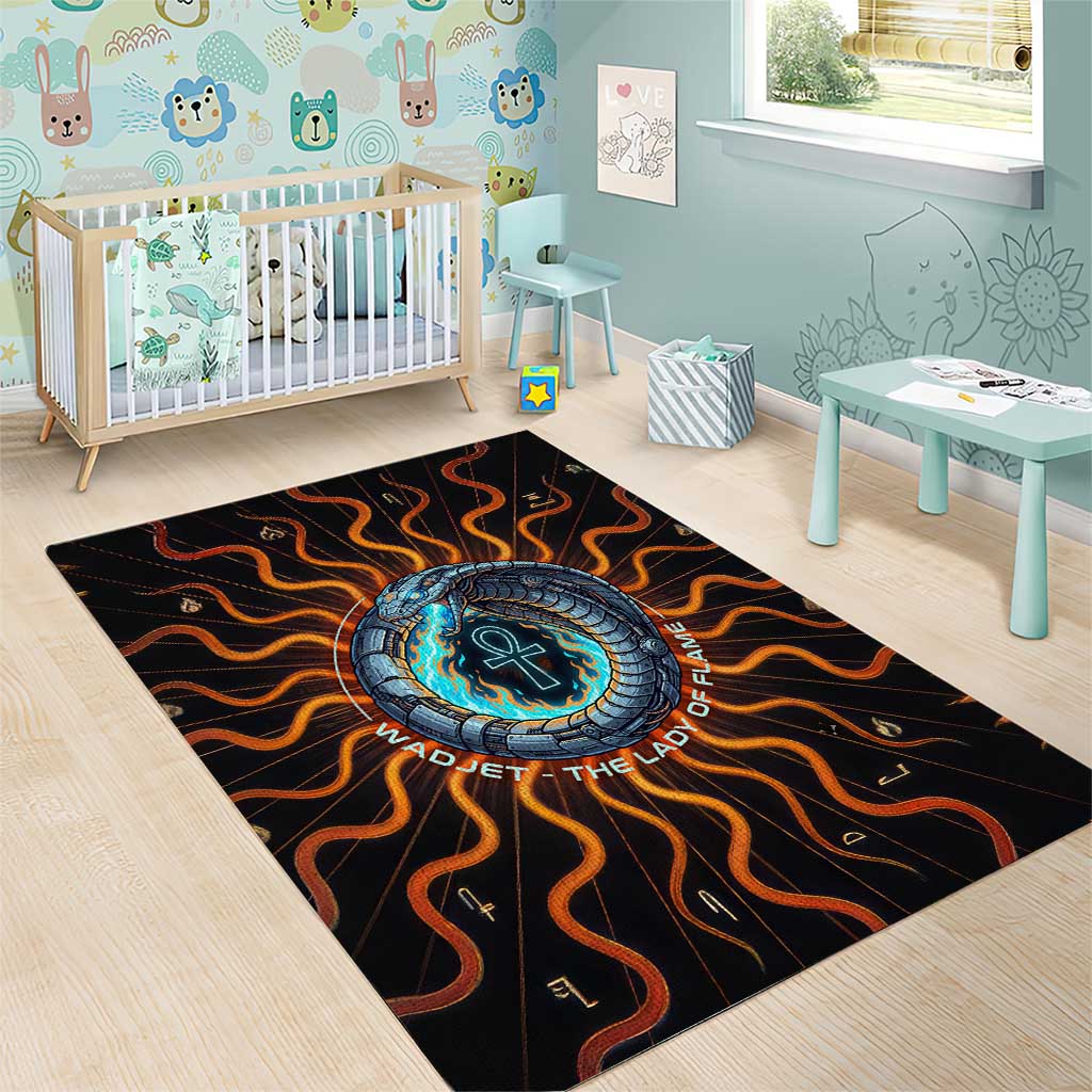 Wadjet Fiery Serpent Area Rug Egyptian Ankh Symbol in Dark Flame Protector Theme