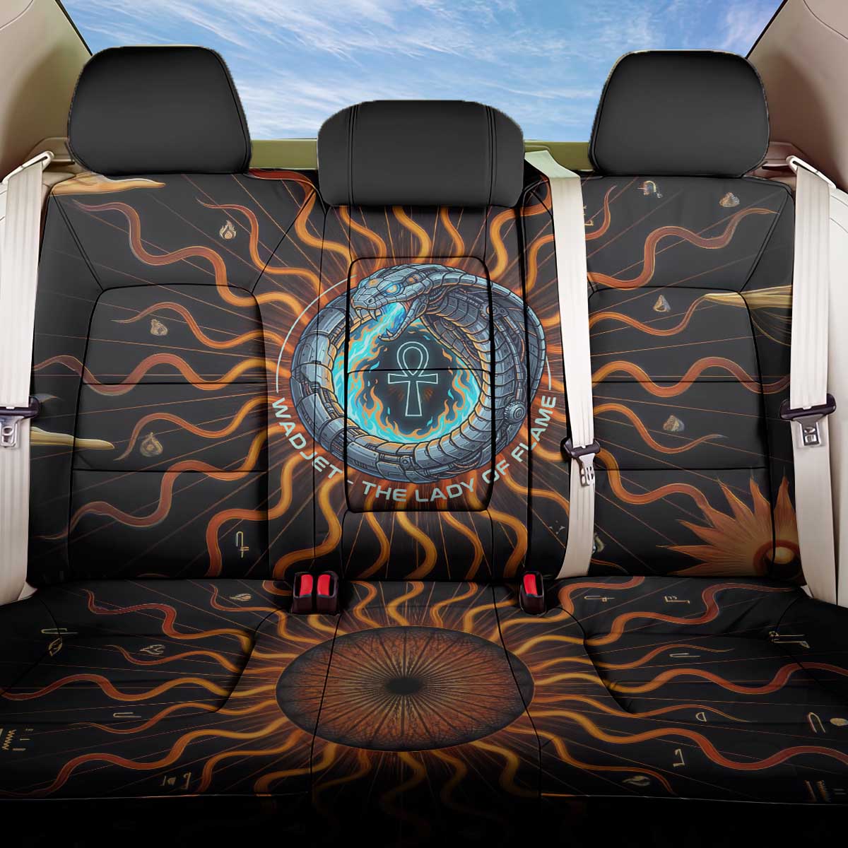 Wadjet Fiery Serpent Back Car Seat Cover Egyptian Ankh Symbol in Dark Flame Protector Theme