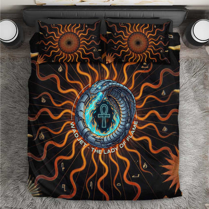 Wadjet Fiery Serpent Bedding Set Egyptian Ankh Symbol in Dark Flame Protector Theme