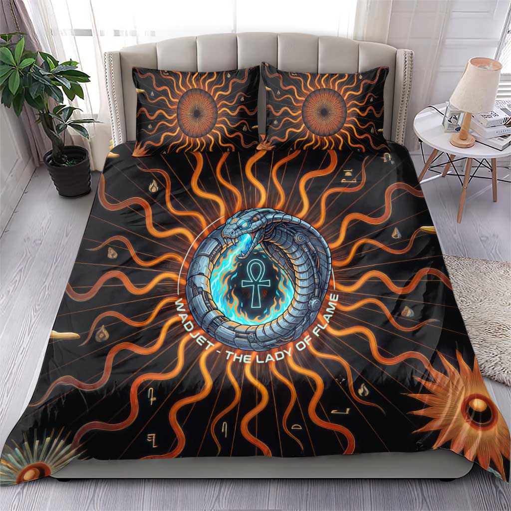Wadjet Fiery Serpent Bedding Set Egyptian Ankh Symbol in Dark Flame Protector Theme