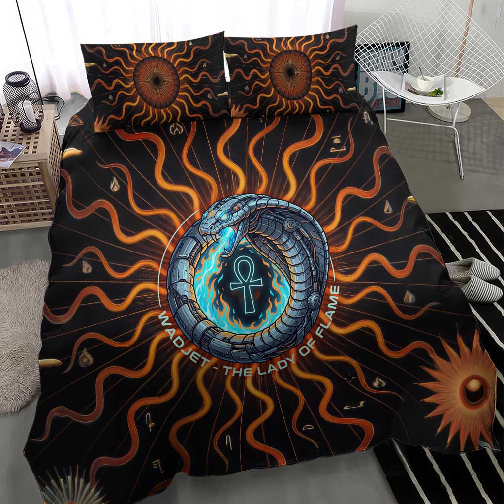 Wadjet Fiery Serpent Bedding Set Egyptian Ankh Symbol in Dark Flame Protector Theme