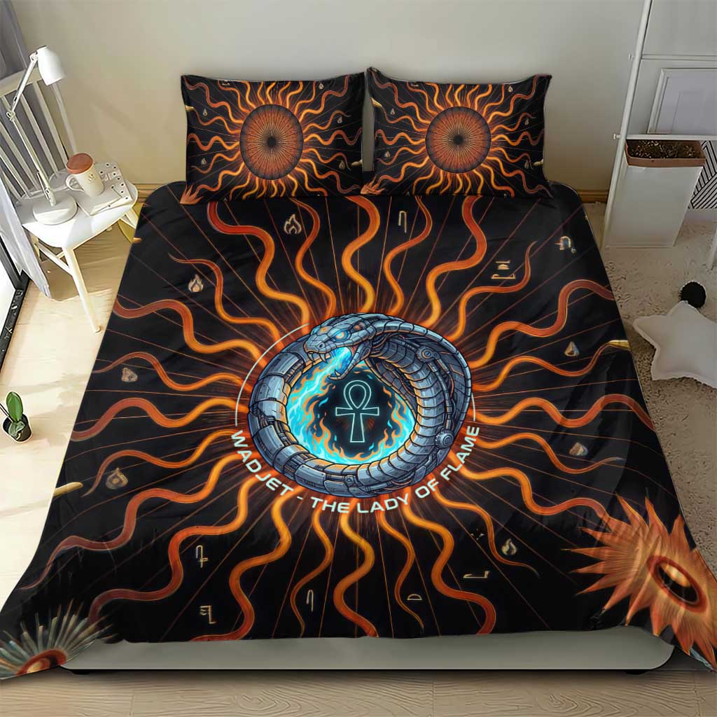 Wadjet Fiery Serpent Bedding Set Egyptian Ankh Symbol in Dark Flame Protector Theme