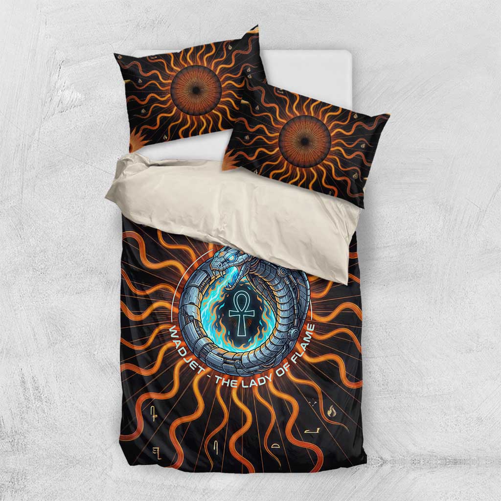 Wadjet Fiery Serpent Bedding Set Egyptian Ankh Symbol in Dark Flame Protector Theme