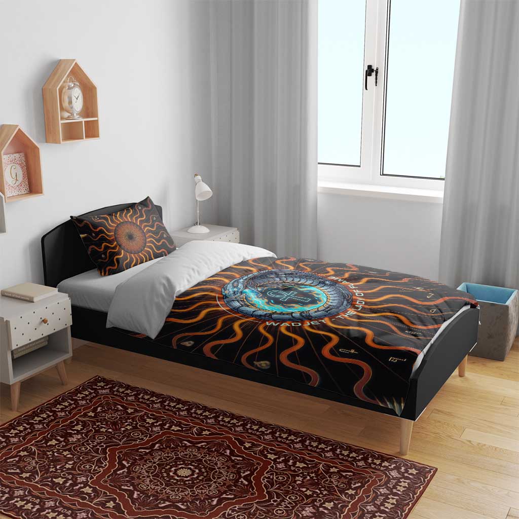 Wadjet Fiery Serpent Bedding Set Egyptian Ankh Symbol in Dark Flame Protector Theme