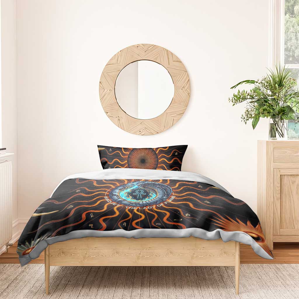Wadjet Fiery Serpent Bedding Set Egyptian Ankh Symbol in Dark Flame Protector Theme