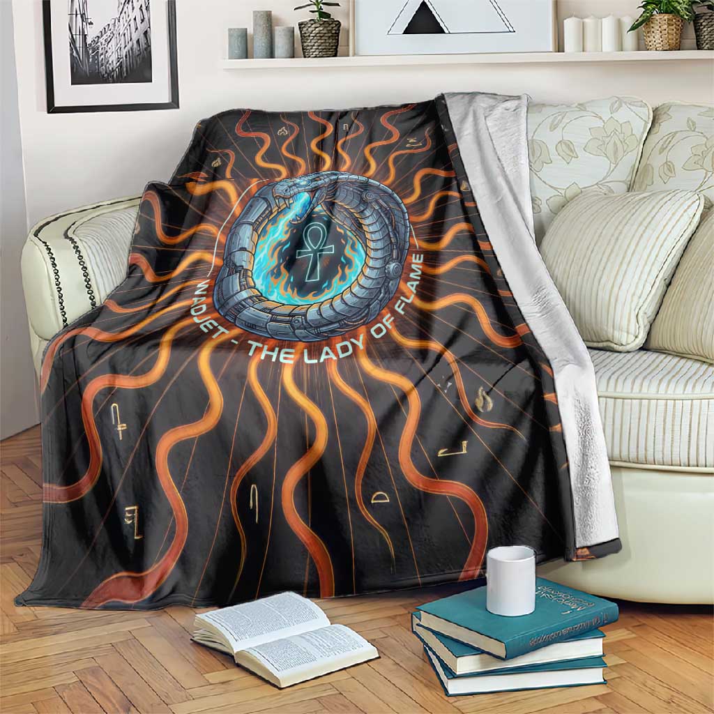 Wadjet Fiery Serpent Blanket Egyptian Ankh Symbol in Dark Flame Protector Theme