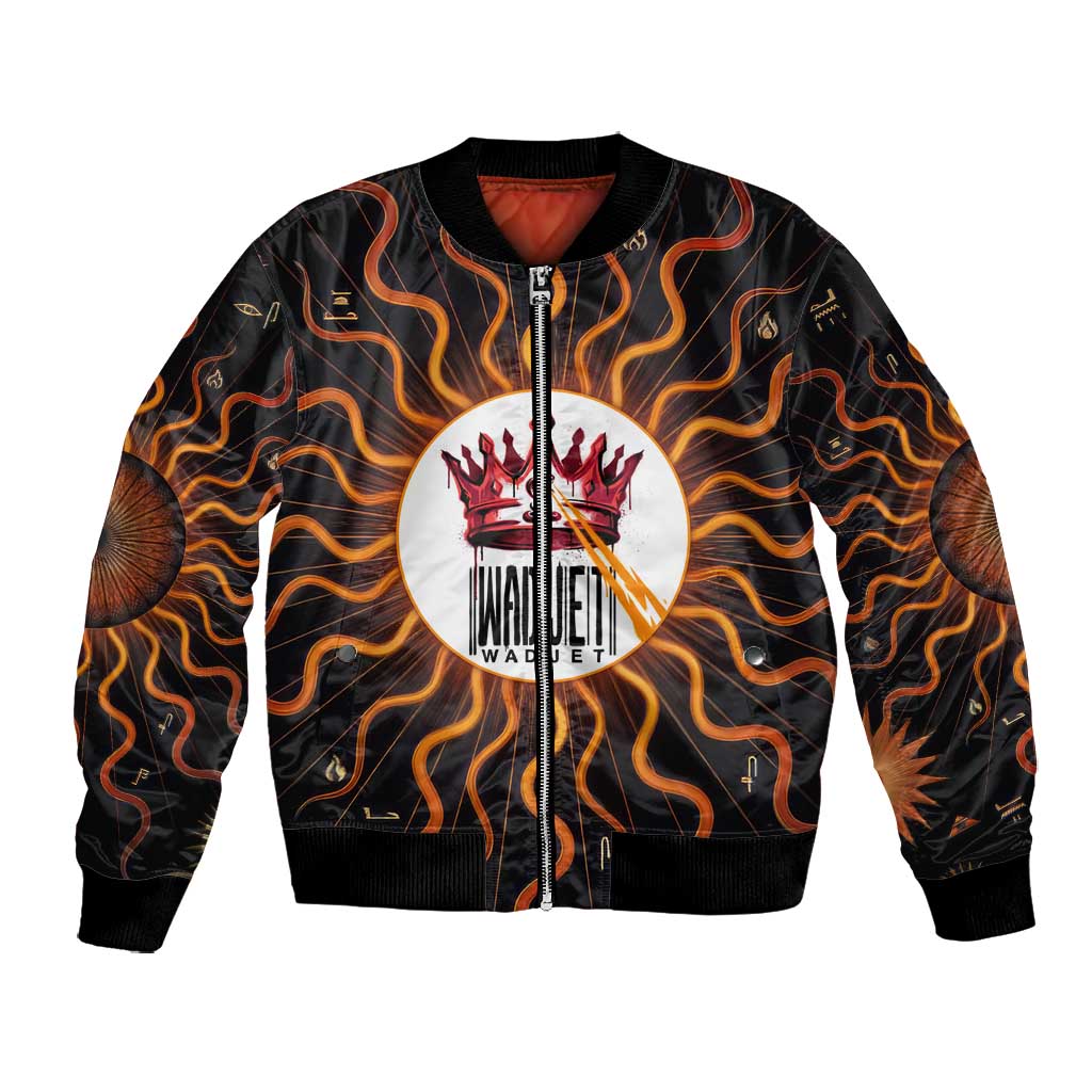 Wadjet Fiery Serpent Bomber Jacket Egyptian Ankh Symbol in Dark Flame Protector Theme