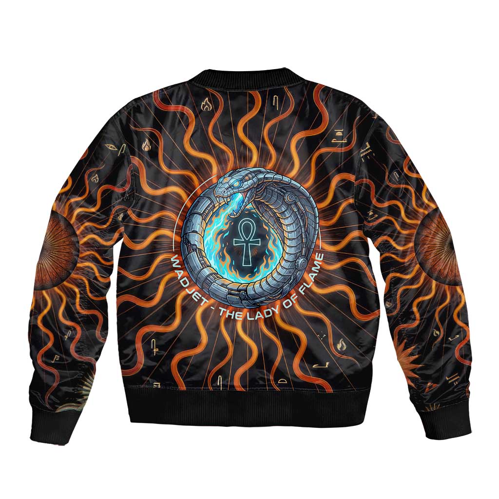 Wadjet Fiery Serpent Bomber Jacket Egyptian Ankh Symbol in Dark Flame Protector Theme