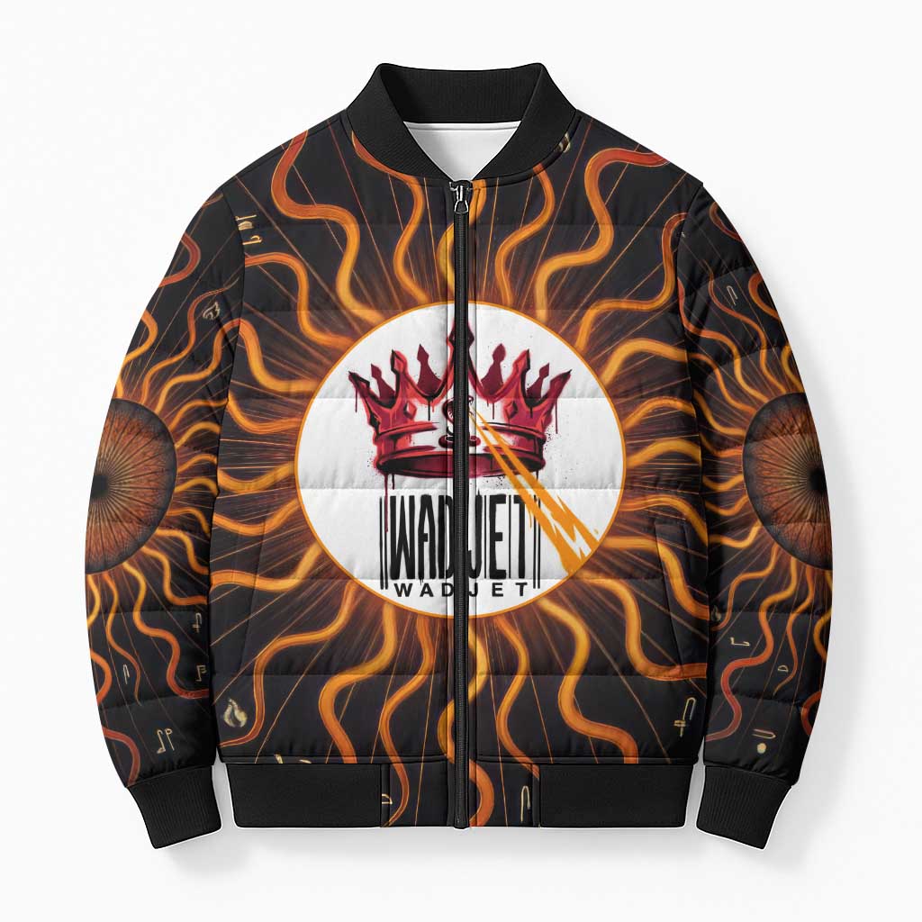 Wadjet Fiery Serpent Bomber Puffer Jacket Egyptian Ankh Symbol in Dark Flame Protector Theme