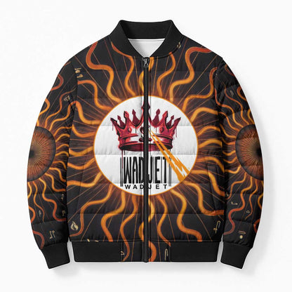 Wadjet Fiery Serpent Bomber Puffer Jacket Egyptian Ankh Symbol in Dark Flame Protector Theme