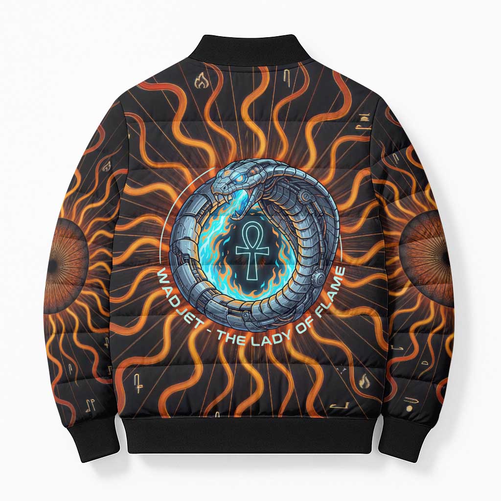 Wadjet Fiery Serpent Bomber Puffer Jacket Egyptian Ankh Symbol in Dark Flame Protector Theme