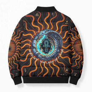 Wadjet Fiery Serpent Bomber Puffer Jacket Egyptian Ankh Symbol in Dark Flame Protector Theme
