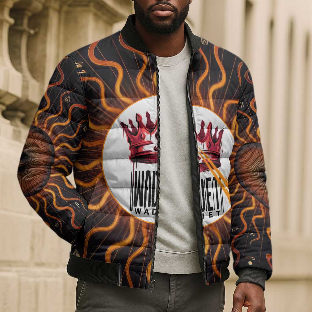 Wadjet Fiery Serpent Bomber Puffer Jacket Egyptian Ankh Symbol in Dark Flame Protector Theme