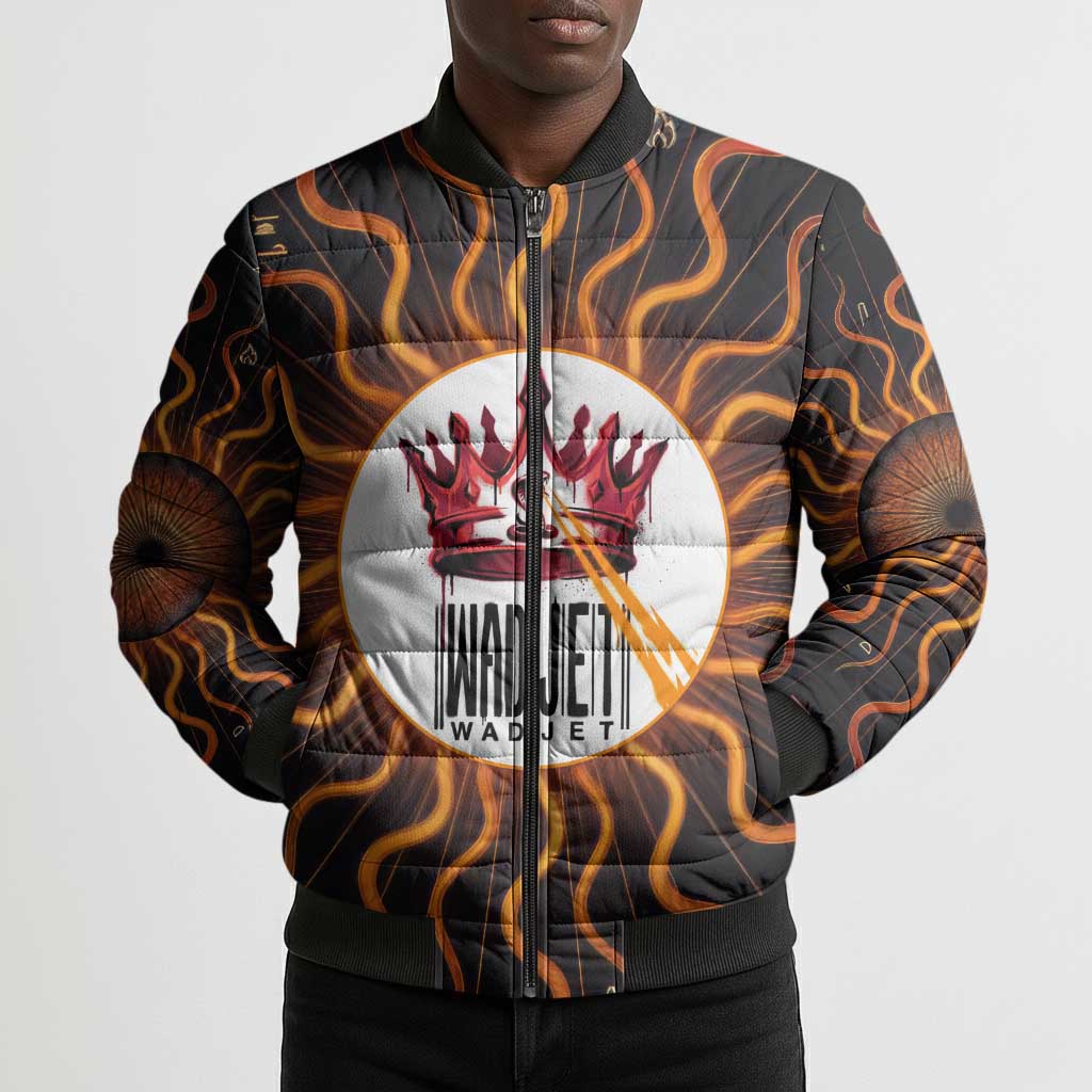 Wadjet Fiery Serpent Bomber Puffer Jacket Egyptian Ankh Symbol in Dark Flame Protector Theme