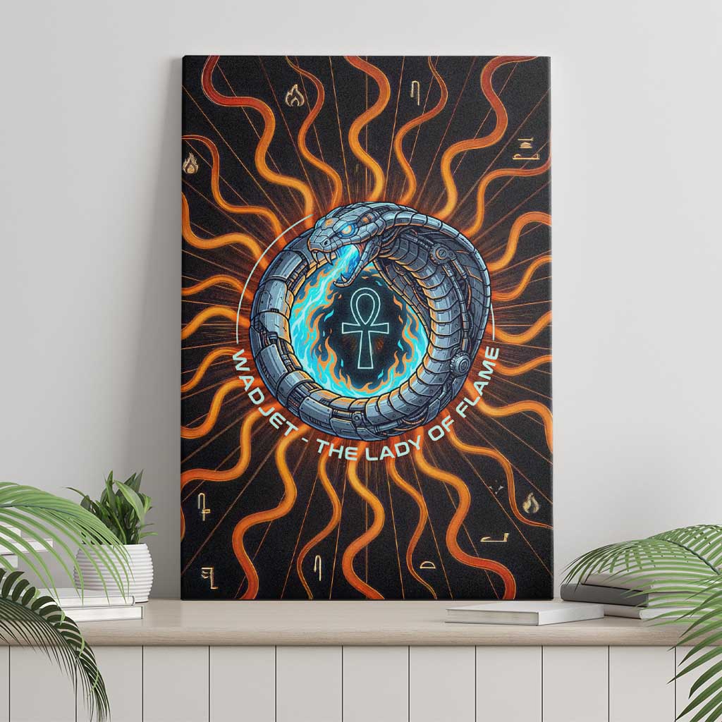 Wadjet Fiery Serpent Canvas Wall Art Egyptian Ankh Symbol in Dark Flame Protector Theme