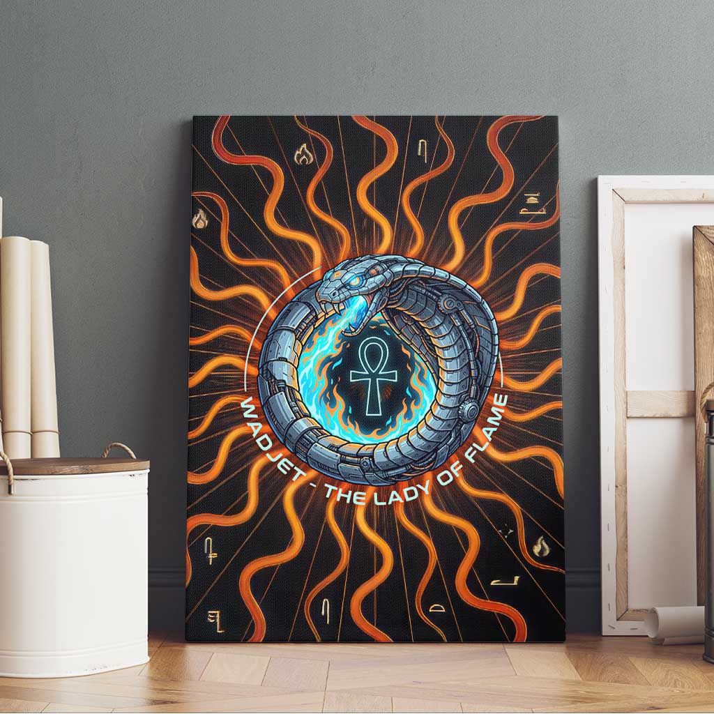 Wadjet Fiery Serpent Canvas Wall Art Egyptian Ankh Symbol in Dark Flame Protector Theme