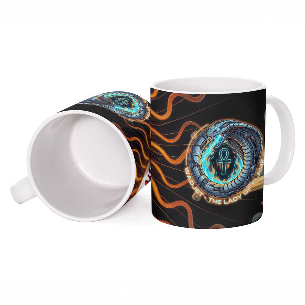 Wadjet Fiery Serpent Ceramic Mug Egyptian Ankh Symbol in Dark Flame Protector Theme