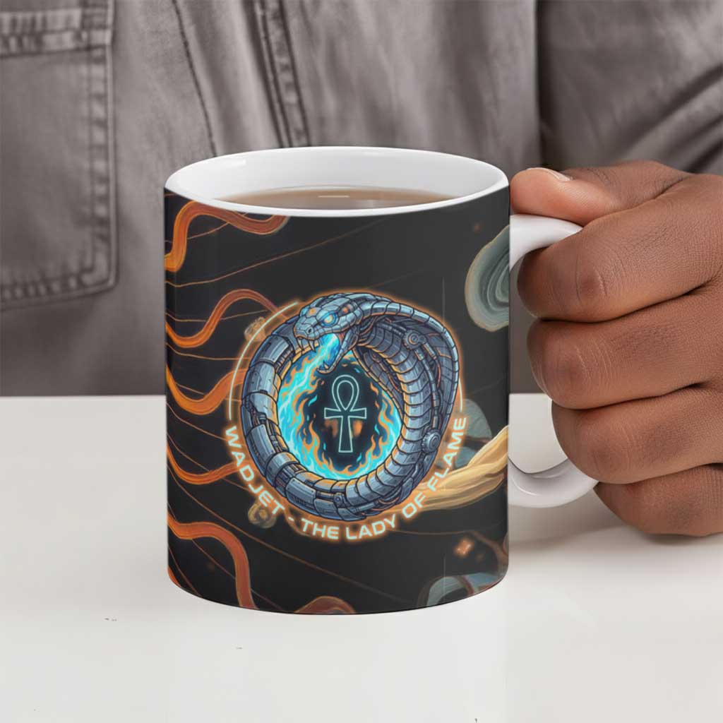 Wadjet Fiery Serpent Ceramic Mug Egyptian Ankh Symbol in Dark Flame Protector Theme