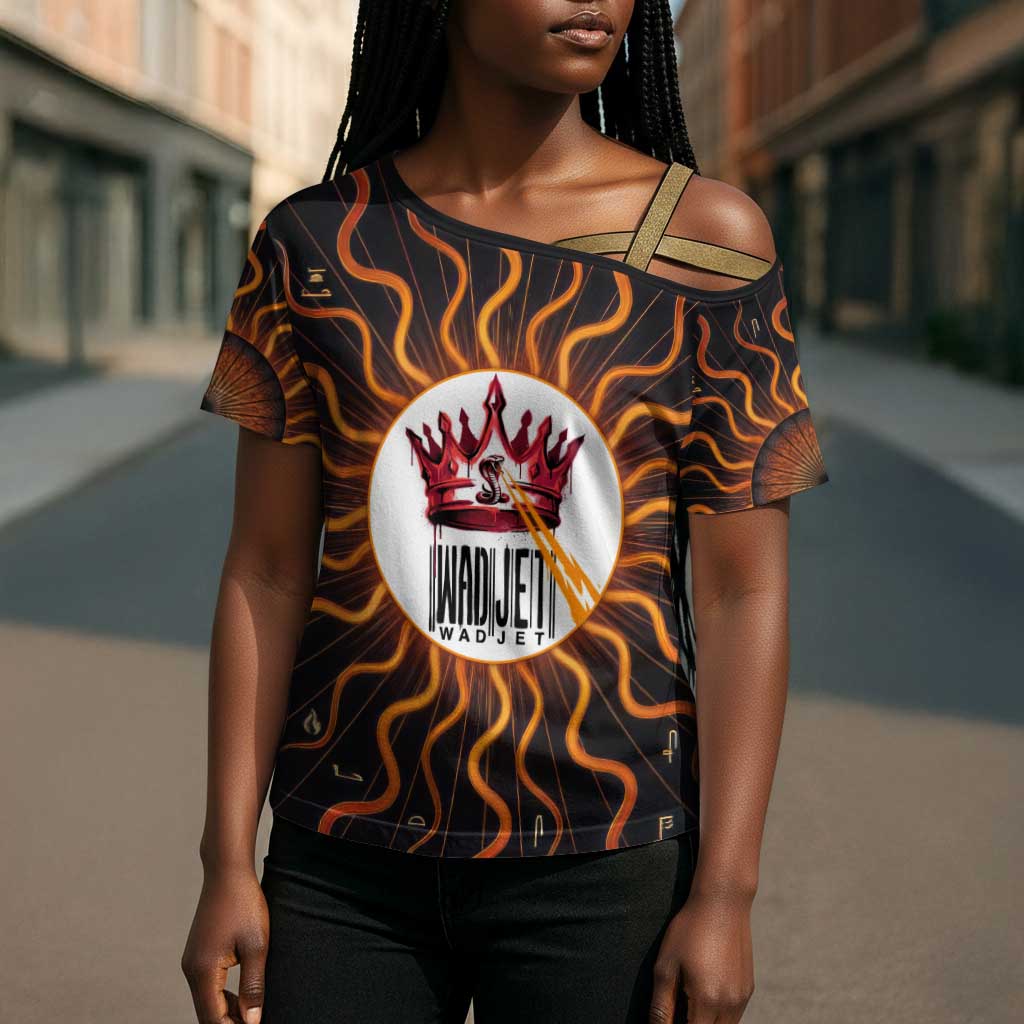 Wadjet Fiery Serpent Cross Shoulder Shirt Egyptian Ankh Symbol in Dark Flame Protector Theme