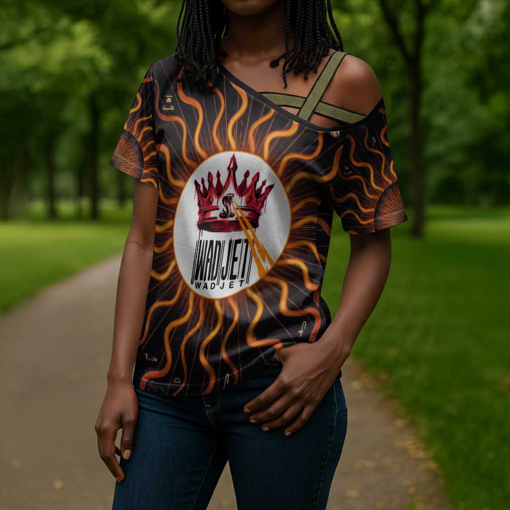Wadjet Fiery Serpent Cross Shoulder Shirt Egyptian Ankh Symbol in Dark Flame Protector Theme
