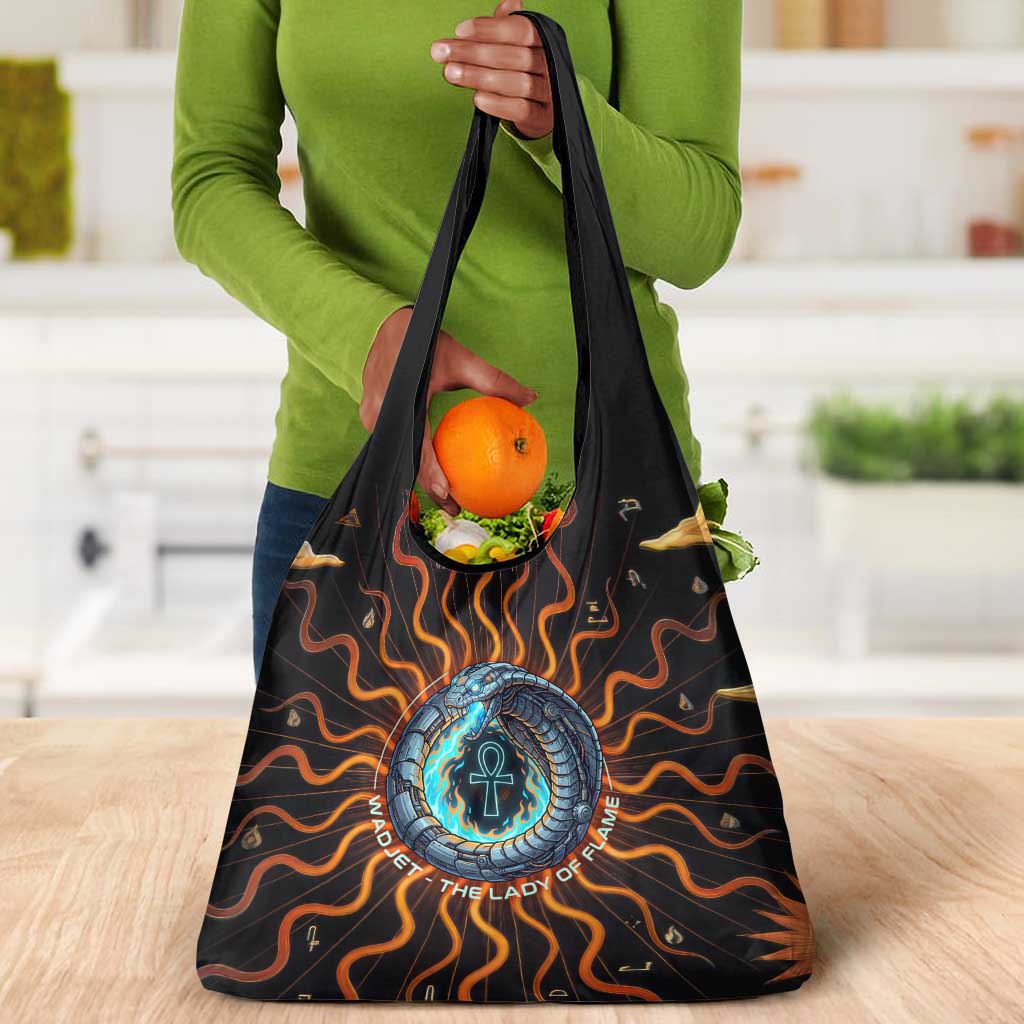 Wadjet Fiery Serpent Grocery Bag Egyptian Ankh Symbol in Dark Flame Protector Theme