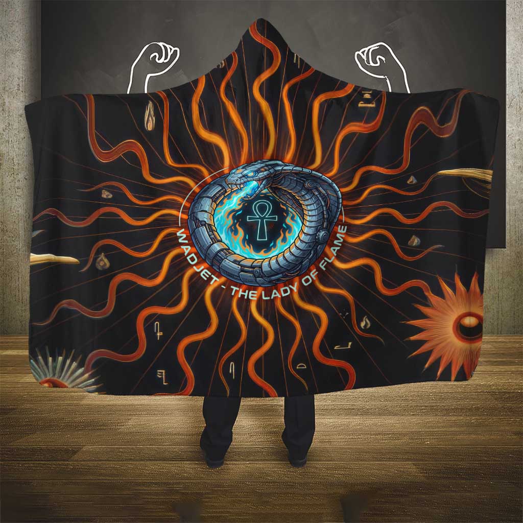 Wadjet Fiery Serpent Hooded Blanket Egyptian Ankh Symbol in Dark Flame Protector Theme