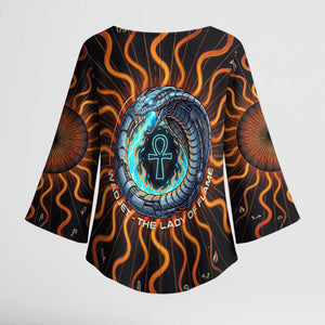 Wadjet Fiery Serpent Kimono Sleeve Blouse Egyptian Ankh Symbol in Dark Flame Protector Theme