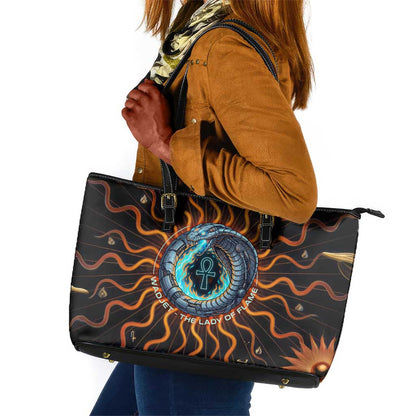 Wadjet Fiery Serpent Leather Tote Bag Egyptian Ankh Symbol in Dark Flame Protector Theme
