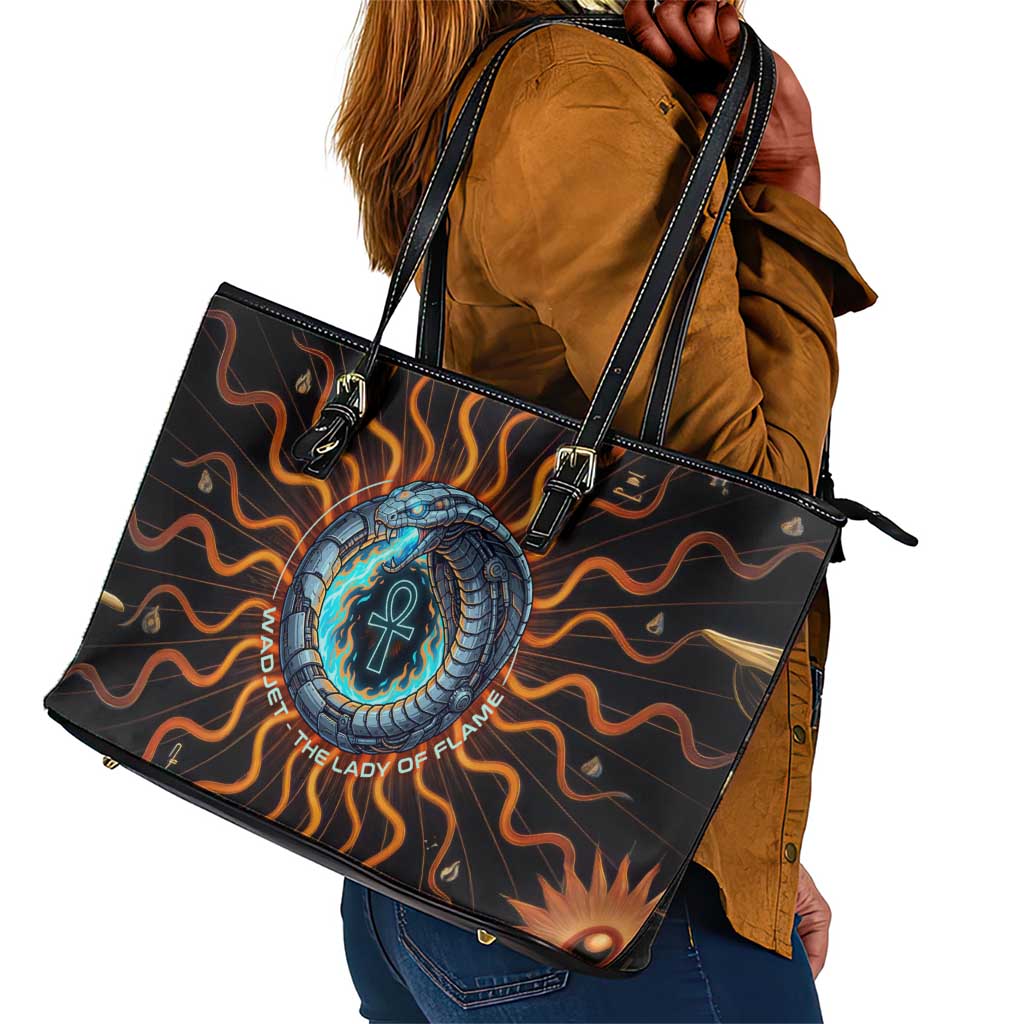 Wadjet Fiery Serpent Leather Tote Bag Egyptian Ankh Symbol in Dark Flame Protector Theme