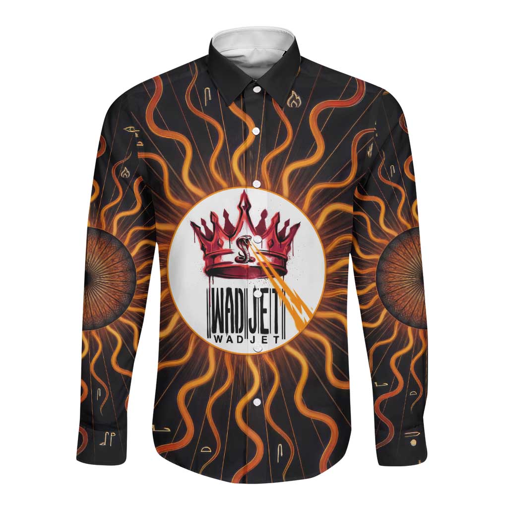 Wadjet Fiery Serpent Long Sleeve Button Shirt Egyptian Ankh Symbol in Dark Flame Protector Theme