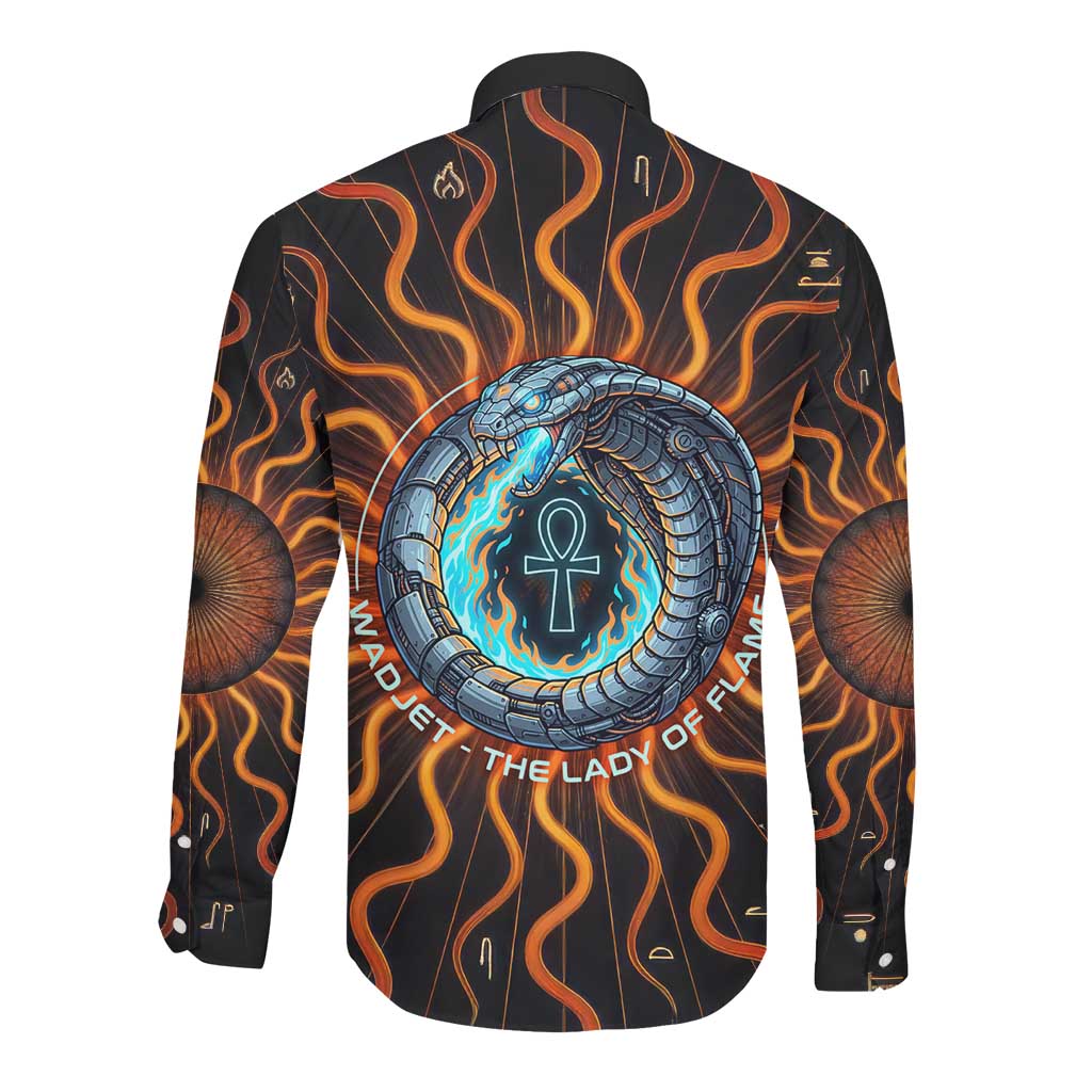 Wadjet Fiery Serpent Long Sleeve Button Shirt Egyptian Ankh Symbol in Dark Flame Protector Theme