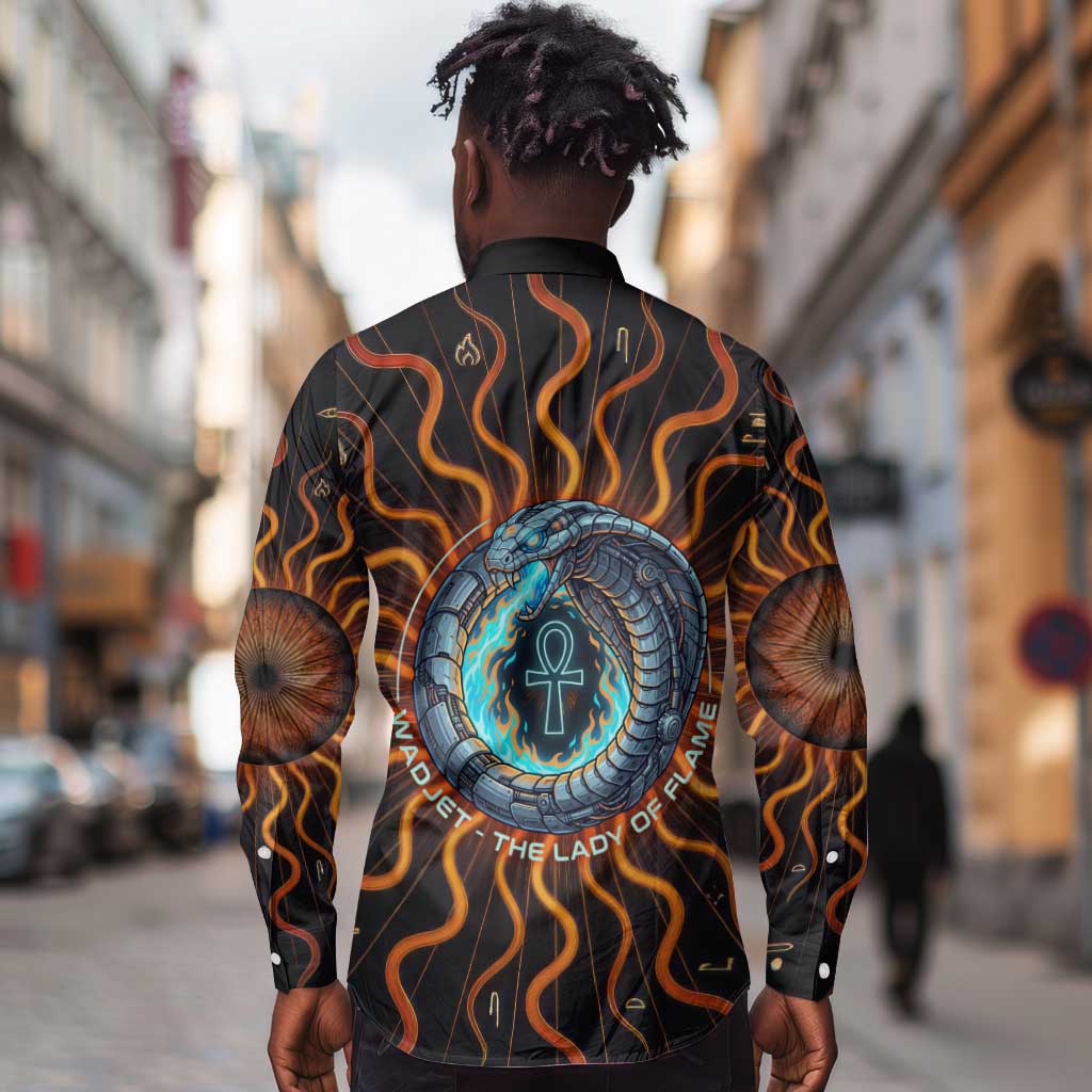 Wadjet Fiery Serpent Long Sleeve Button Shirt Egyptian Ankh Symbol in Dark Flame Protector Theme