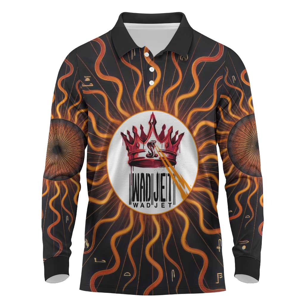 Wadjet Fiery Serpent Long Sleeve Polo Shirt Egyptian Ankh Symbol in Dark Flame Protector Theme
