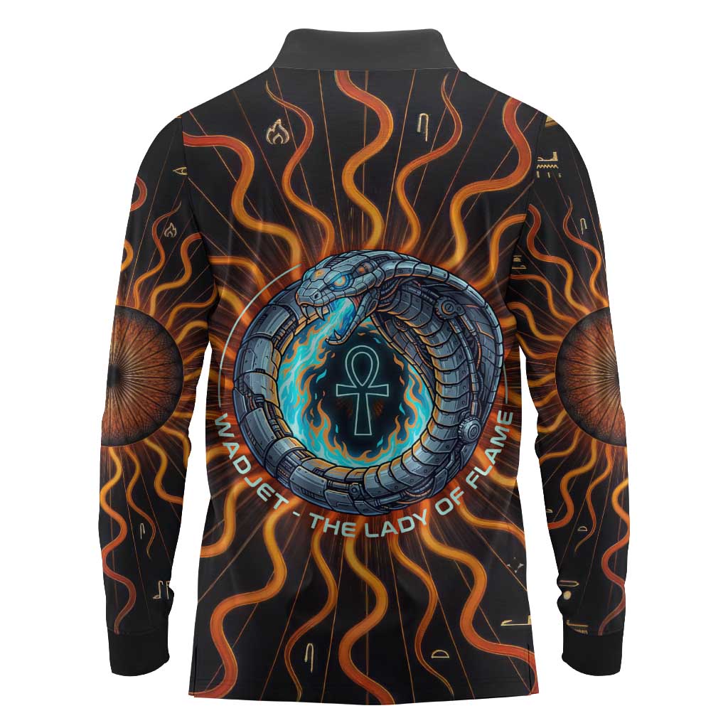 Wadjet Fiery Serpent Long Sleeve Polo Shirt Egyptian Ankh Symbol in Dark Flame Protector Theme